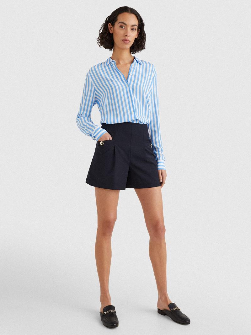 Női Tommy Hilfiger Solid Pleated Rövidnadrág Sötétkék | HU 314AHK